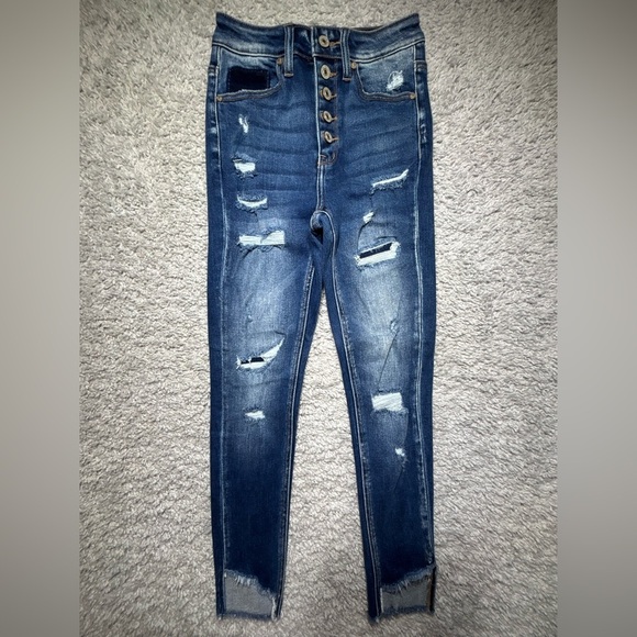 Kancan Jeans Womens 0 High Rise Skinny Dark Wash Exposed Button Fly Distressed - Picture 1 of 5
